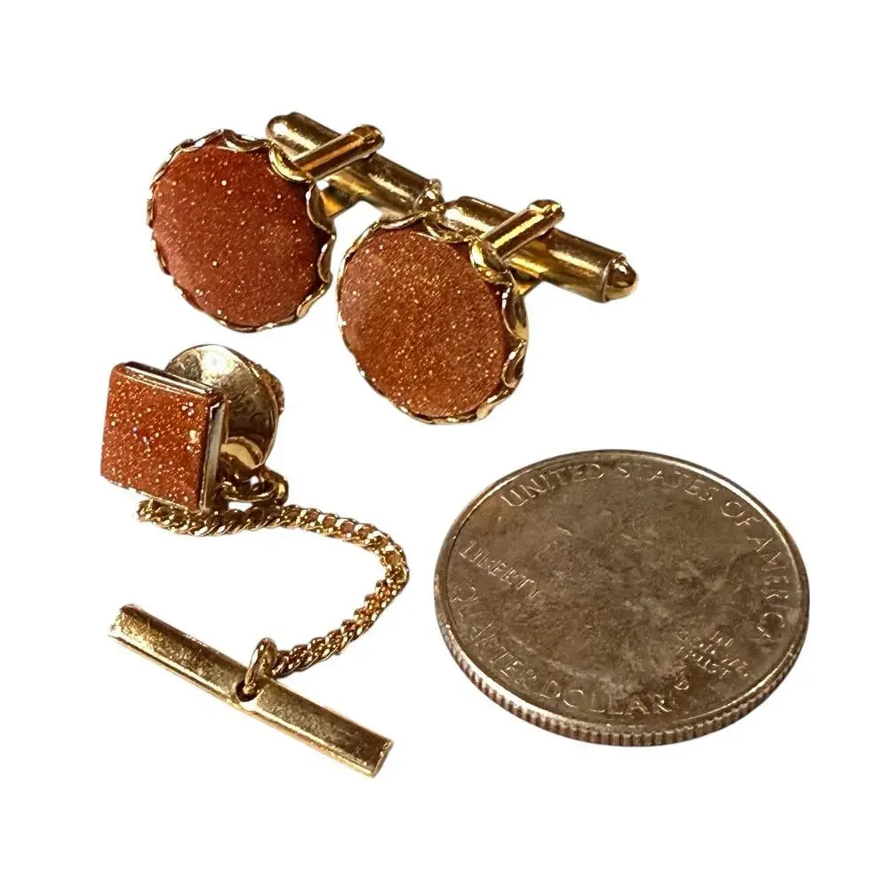 Vintage Cufflinks & Tie Pin Mens Gold Tone Blood Orange Glass Gold Stone Set
